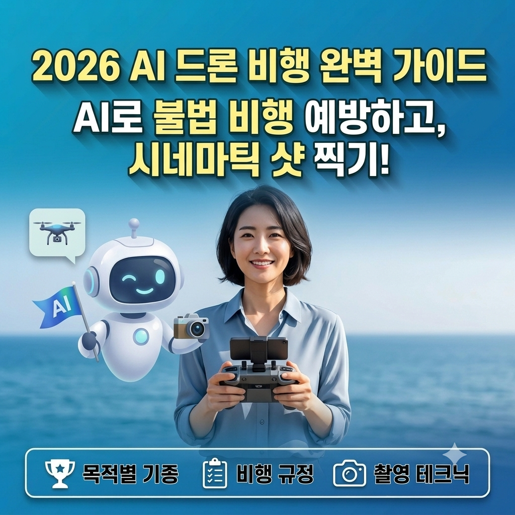 '2026 AI 드론 비행 완벽 가이드'를 주제로, 바다를 배경으로 드론 조종기를 든 채 환하게 미소 짓는 여성과 카메라를 든 AI 로봇, 그리고 '목적별 기종, 비행 규정, 촬영 테크닉' 배너가 포함된 블로그 썸네일 이미지입니다.대체 텍스트(Alt text)는 시각장애인이나 이미지를 불러올 수 없는 환경의 사용자를 위해 이미지의 핵심 내용과 목적을 텍스트로 설명하는 웹 접근성 기능입니다.