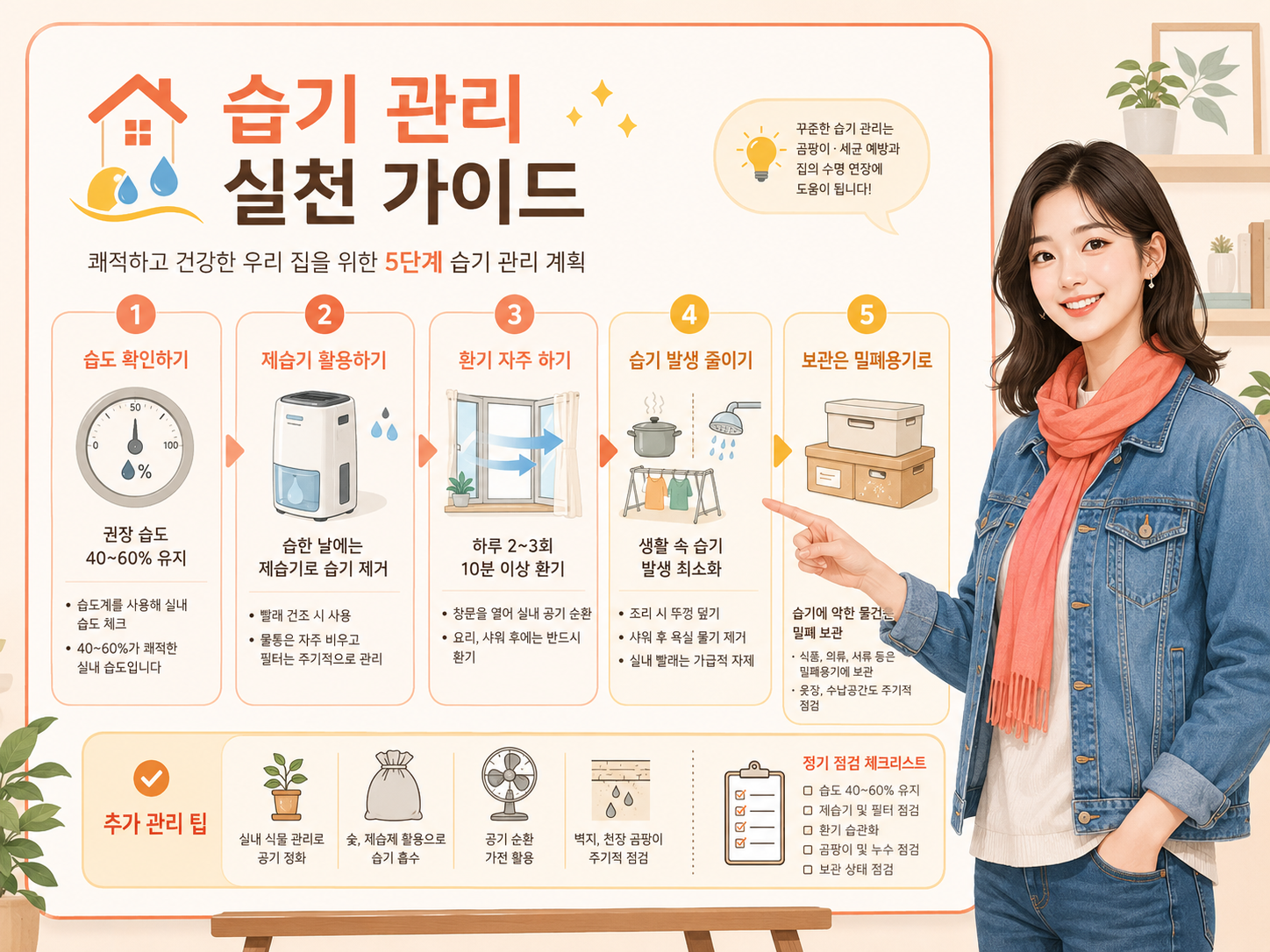 제습기와 우산 등 장마철 물품을 점검하고 대비하는 가이드 일러스트
