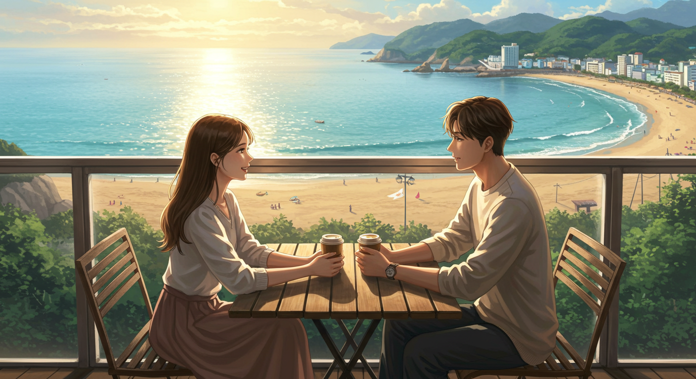 강릉 안목해변 카페에서 바다를 보며 데이트하는 한국인 커플.