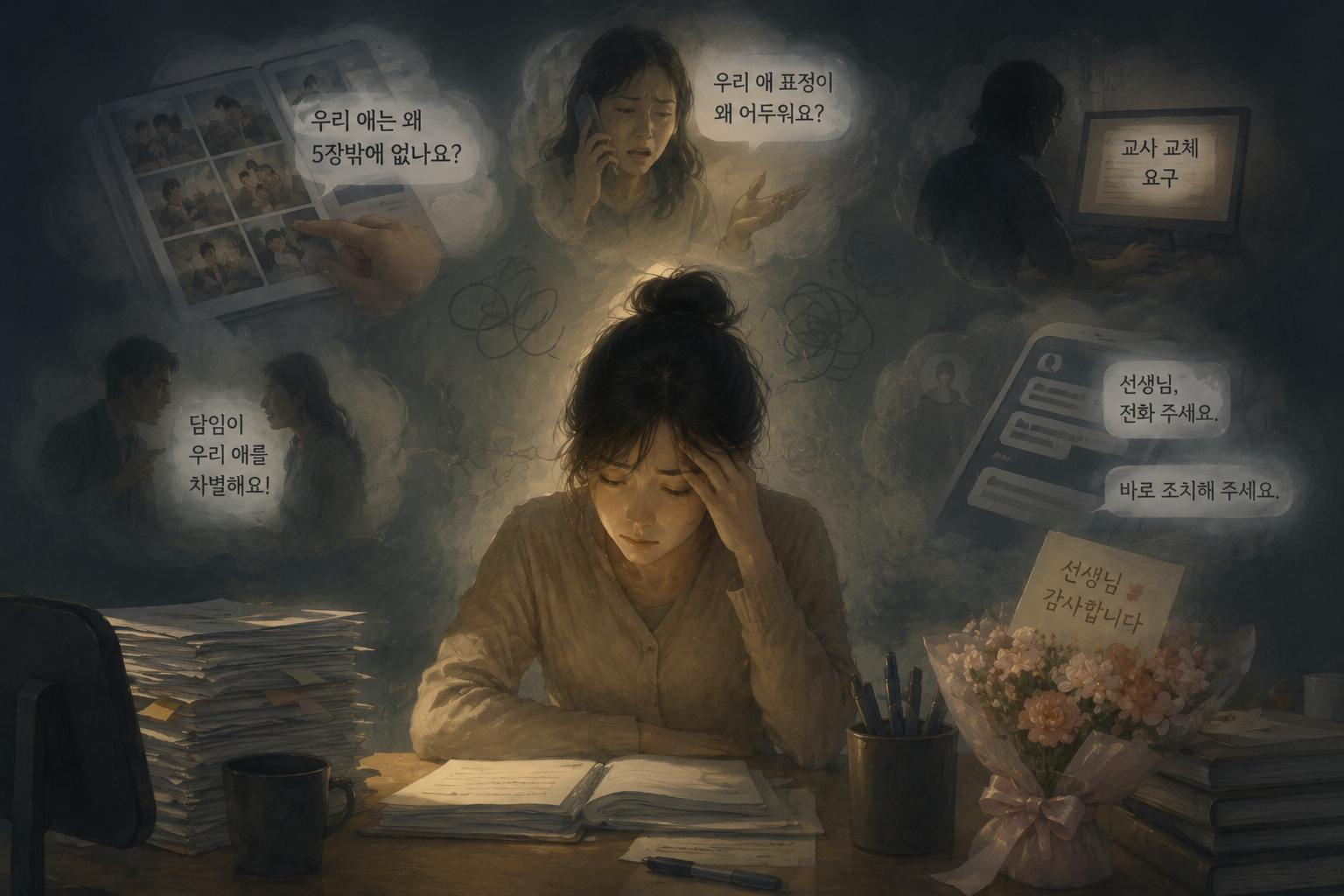 스승의 날을 앞두고 반복되는 학부모 민원과 압박 속에서 지친 교사의 심리를 표현한 일러스트