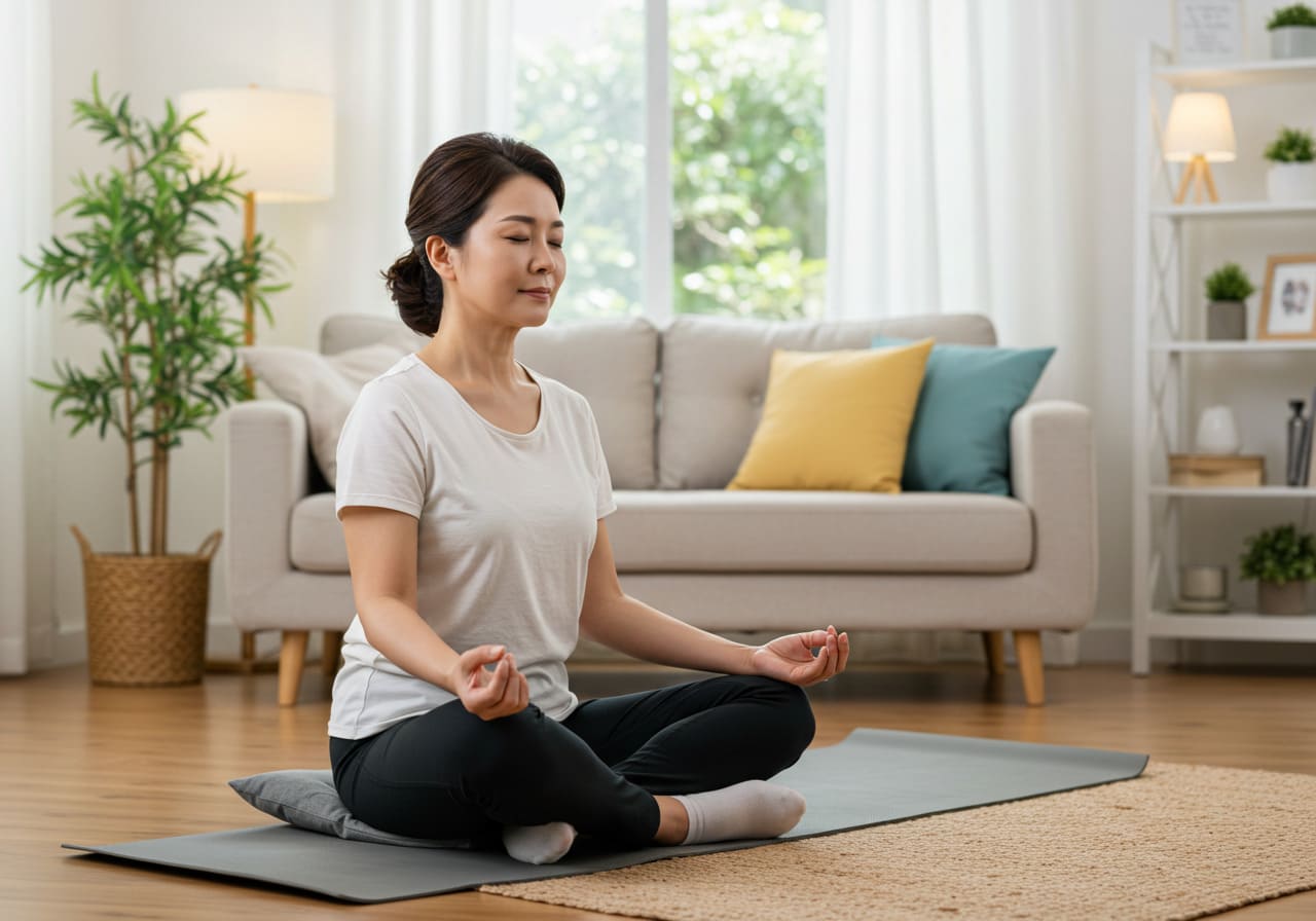 명상과 심호흡을 실천하는 한국 중년 여성. 평화로운 분위기에서 스트레스를 관리하는 장면입니다.