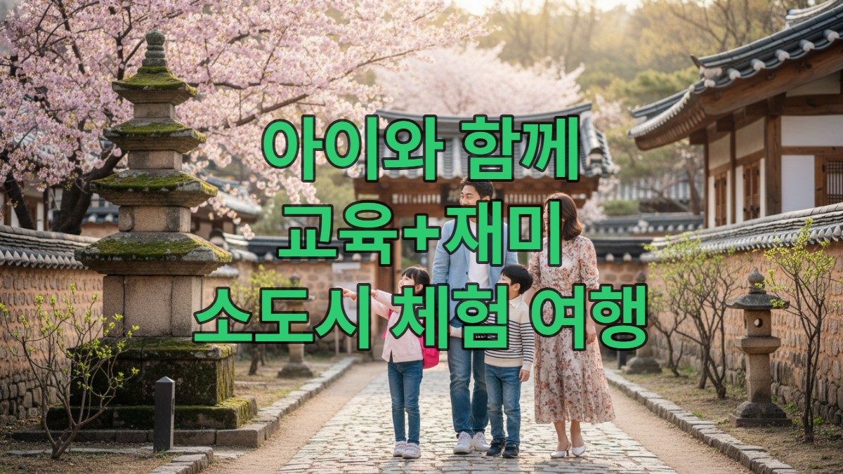 웃고 있는 한국인 가족이 벚꽃이 만개한 고즈넉한 한옥 마을을 거니는 모습. 아이들은 호기심 가득한 표정으로 주변을 둘러보고 있다.