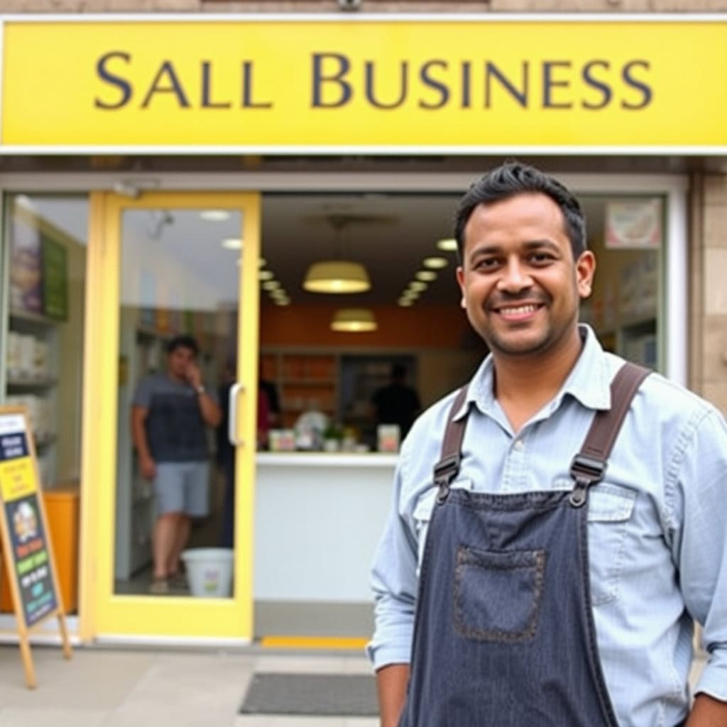 깔끔하고 활기찬 새로운 가게 앞에서 만족스러운 표정으로 서 있는 사장님. 가게 안에는 손님들이 있는 모습도 좋습니다.