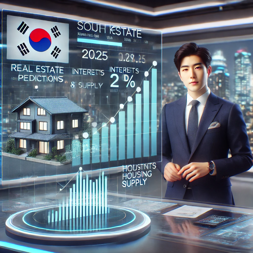 미래형 뉴스 스튜디오에서 앵커가 2025년 부동산 시장 예측을 발표하며 3D 그래프와 주요 경제 지표를 분석하는 모습.