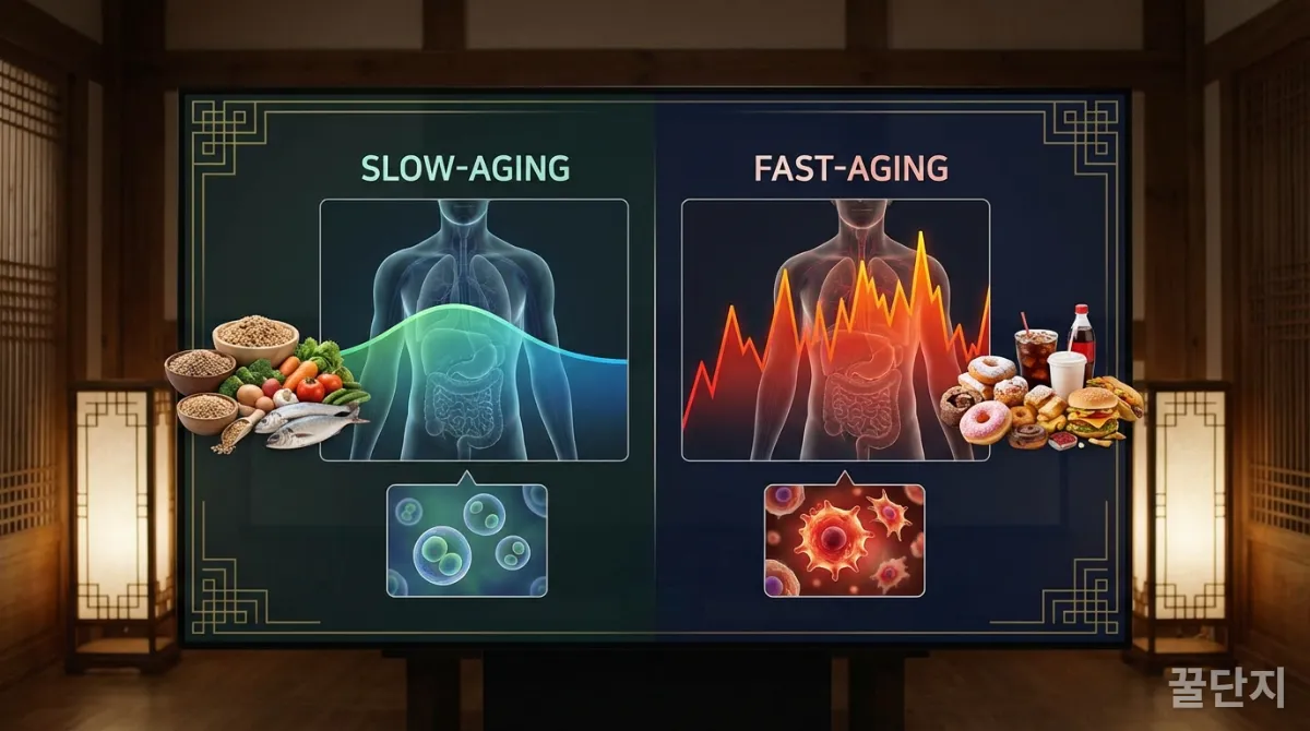혈당과 염증 관리를 통해 저속노화 식단의 과학적 원리를 보여주는 일러스트