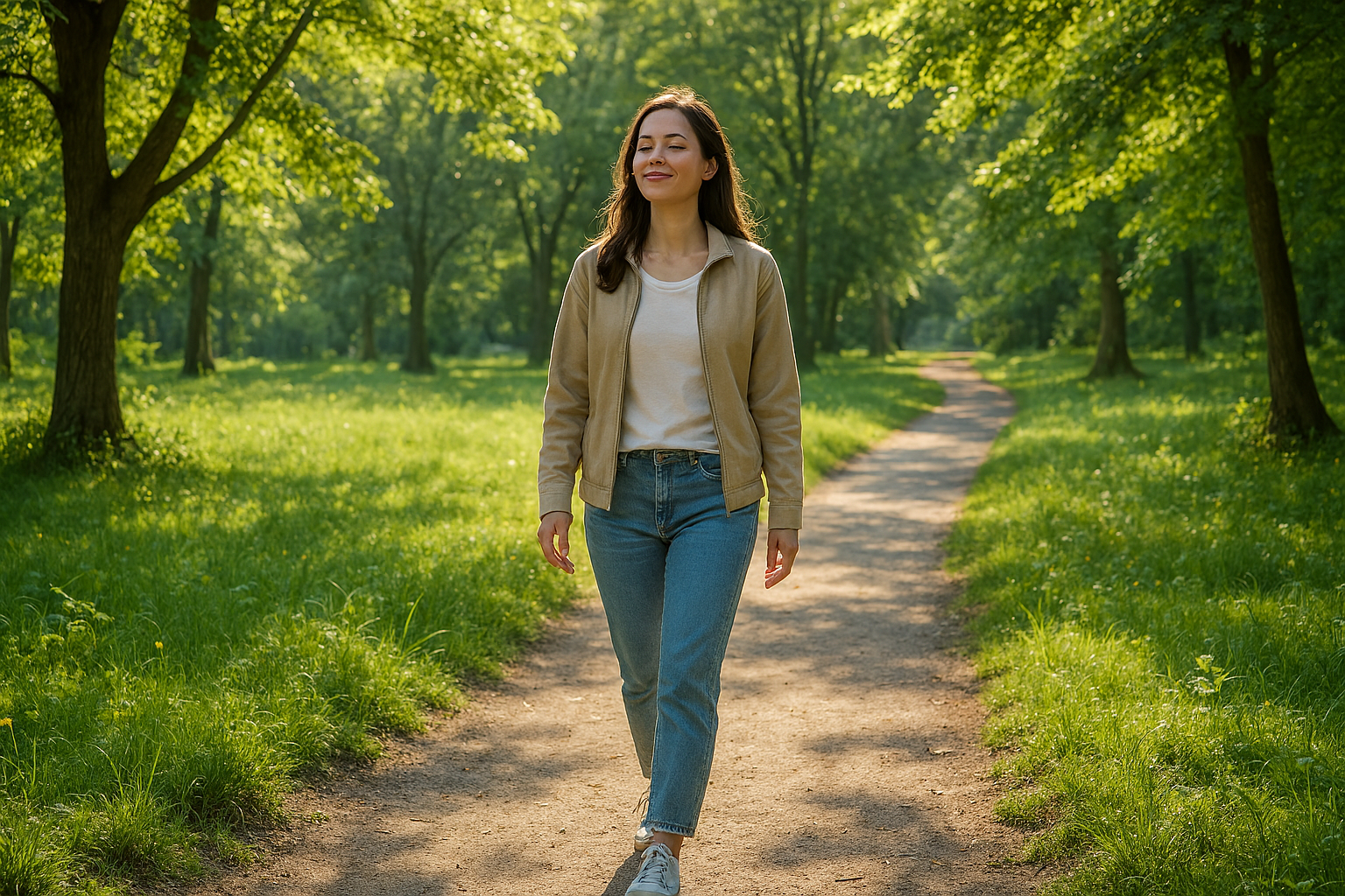 산책하며 마음이 편안해지는 장면 이미지