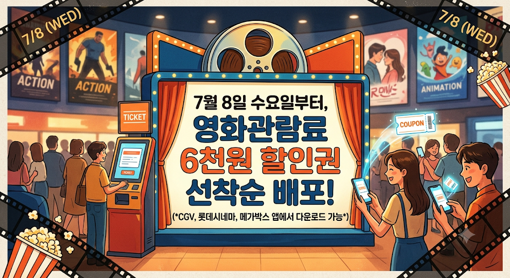 "선착순 마감 직전! 7월 8일 수요일부터 영화관람료 6천원 할인권 무조건 받는 법 (CGV, 롯데시네마, 메가박스 총정리)"