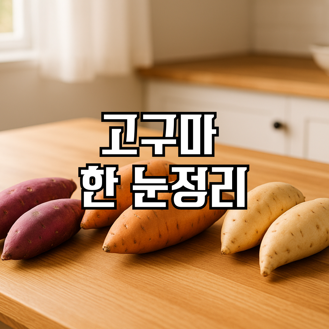 따뜻한 자연광의 주방 테이블 위에 자색·주황·흰색 고구마가 깔끔히 놓인 컷