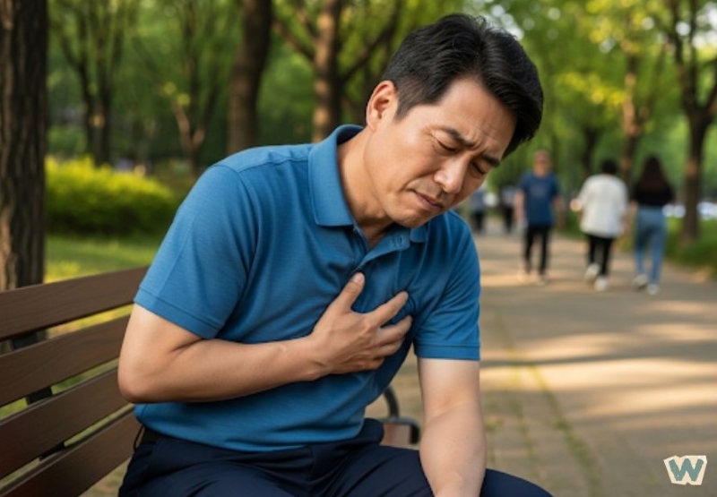 공원 벤치에서 가슴 통증을 느끼는 중년 남성 via canva