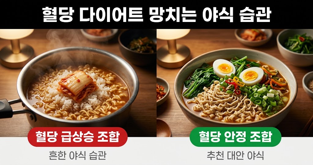 혈당 다이어트 망치는 야식 라면 흰쌀밥 조합과 대안