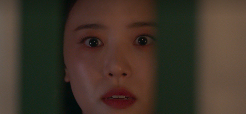 문 틈으로 바라보는 여성의 모습