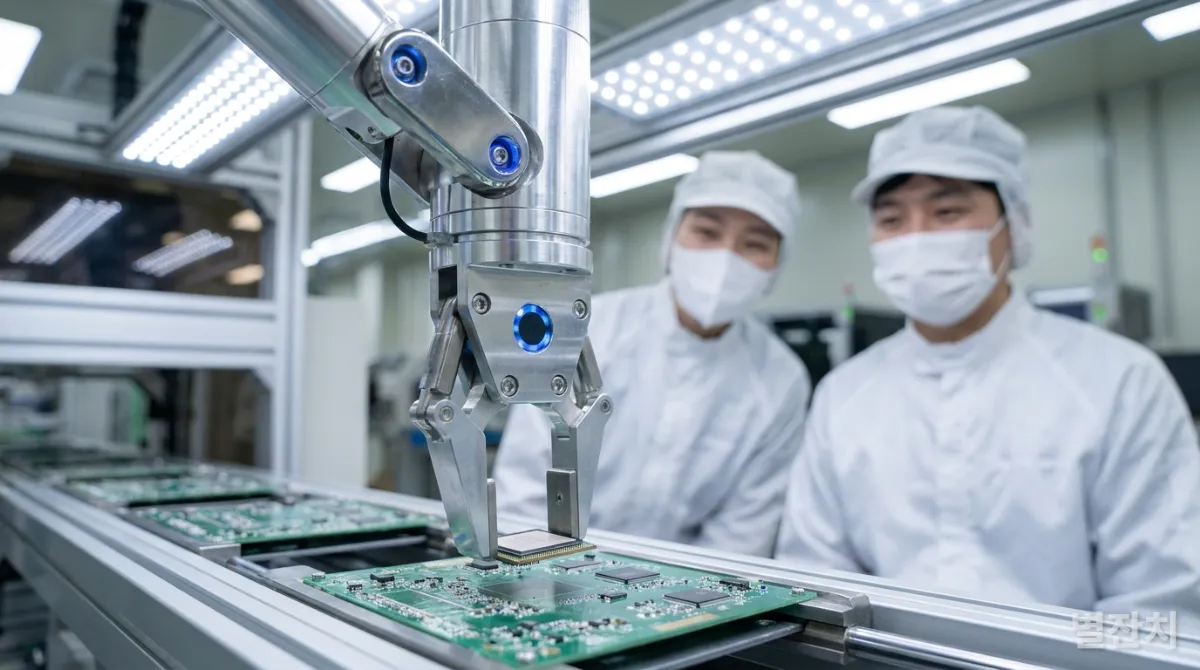 공장 생산 라인에서 정교하게 작업하는 피지컬 AI 로봇 팔