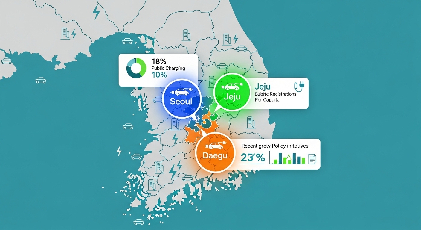 한국 지도 위에 서울, 제주, 대구 지역이 강조되어 있고, 각 지역의 전기차 보조금 정책 특징을 나타내는 아이콘들이 표시된 인포그래픽 이미지.