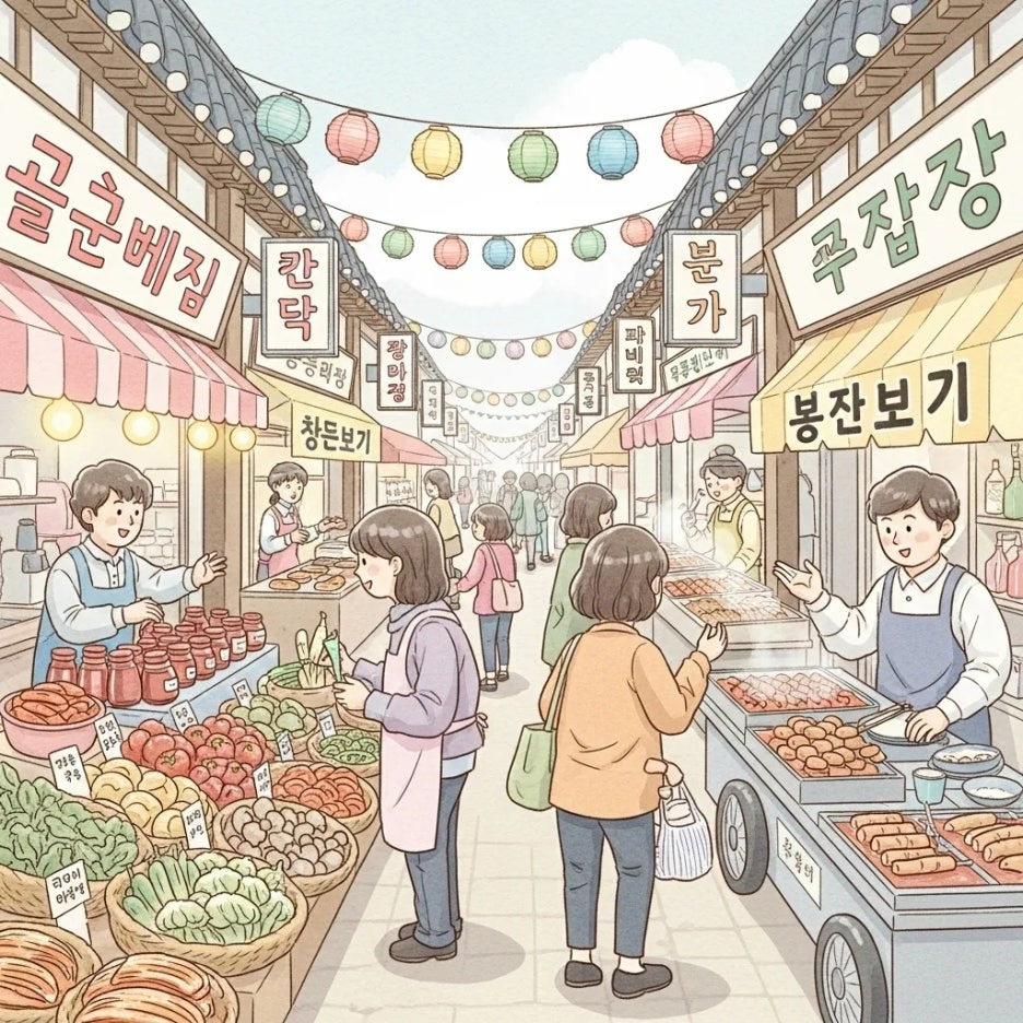 활기찬 시장 골목, 사람들과 소통하는 상인들.