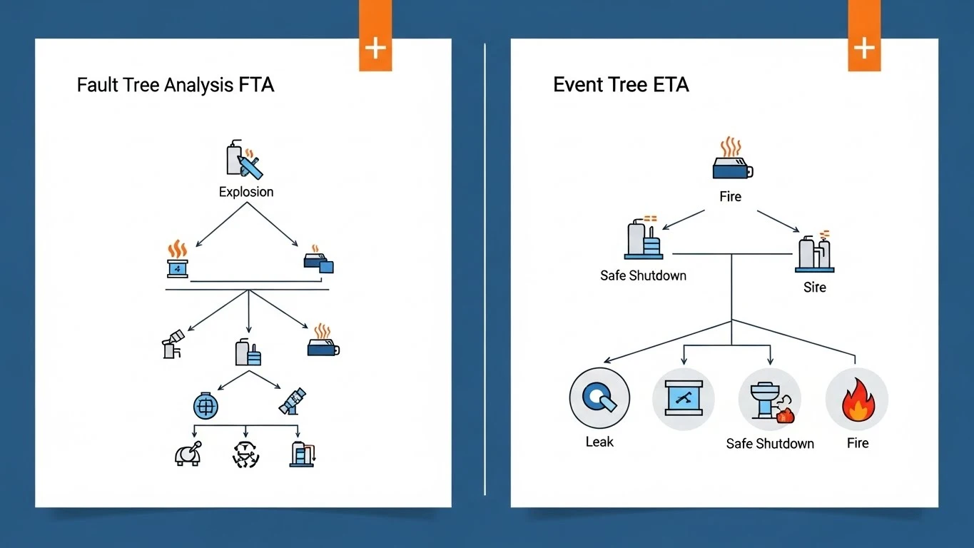 경영진을 위한 정량적 위험성 평가(QRA) 대시보드. 좌측의 결함수 분석(FTA)은 사고 원인을, 우측의 사건수 분석(ETA)은 사고 시나리오를 보여주며 데이터 기반 의사결정을 상징함.