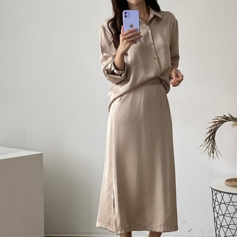 새틴 투피스 밴딩 롱 스커트 상하의 셔츠 여자블라우스 여름