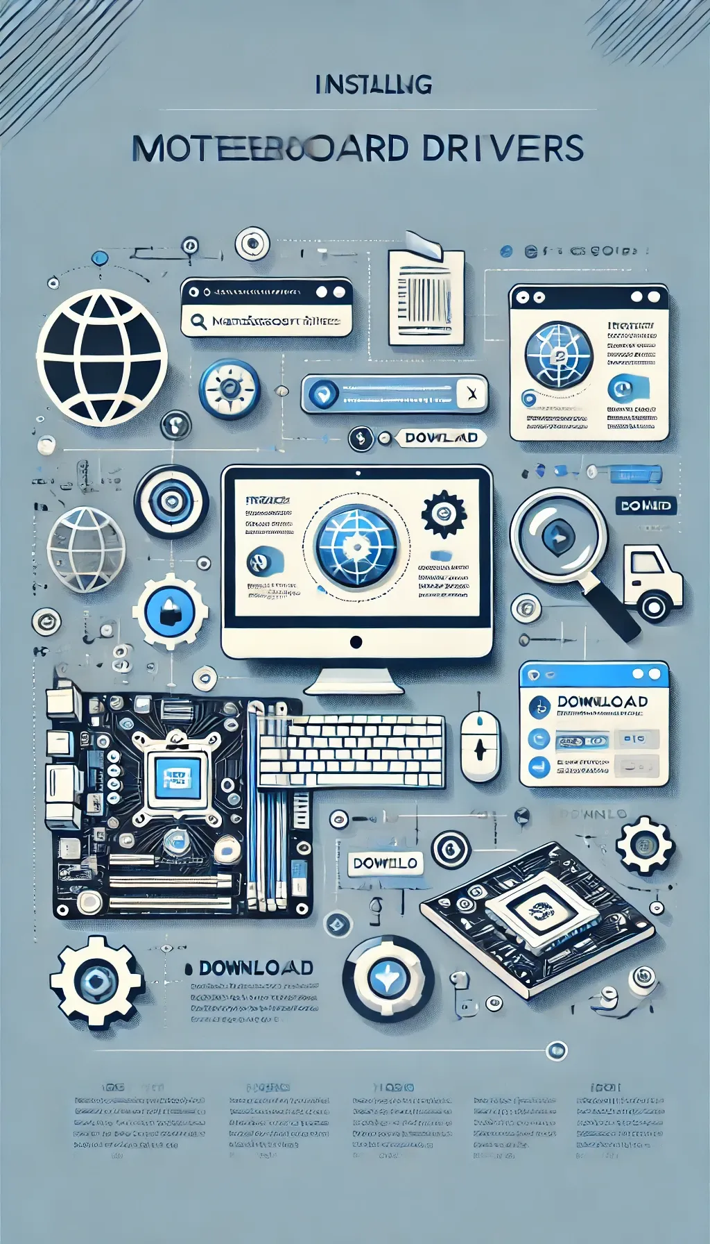 메인보드 드라이버 업데이트와 설치 과정을 나타낸 단계별 안내 이미지