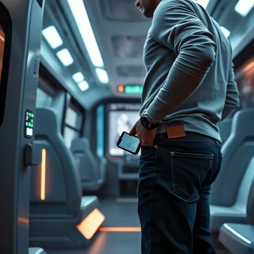 미래형 버스 내부에서 승객이 아이폰을 주머니에 넣은 채 버스에 탑승하고, 자동으로 결제가 완료되는 장면을 연출합니다. 버스 승차구 근처에 설치된 비접촉식 리더기가 희미하게 빛나며 작동 중임을 암시합니다.