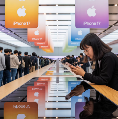 아이폰17을 사기위해 줄서는 사람들과 체험해보는 사람들 이미지
