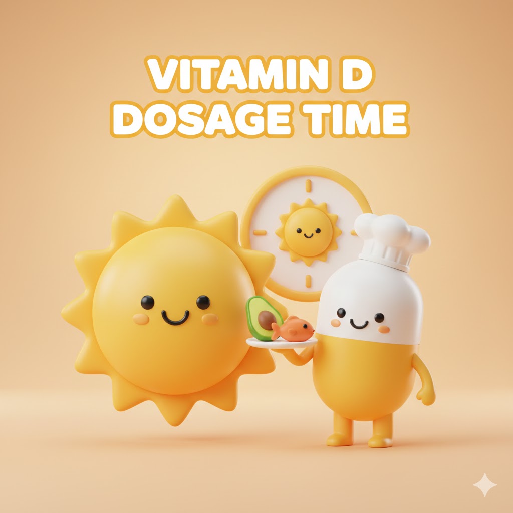 밝게 웃는 태양과 요리사 모자를 쓴 귀여운 비타민D 캡슐 캐릭터가 지방이 많은 음식을 들고 있는 모습. 비타민D 복용시간 문구가 강조된 이미지.