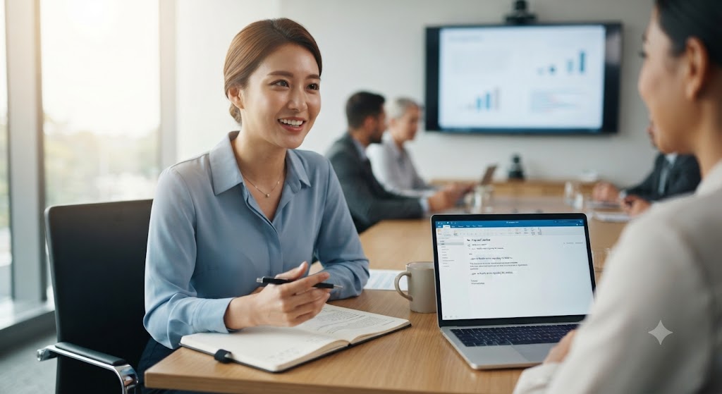 A Korean businesswoman smiling and holding a pen during a business negotiation meeting in a modern conference room.