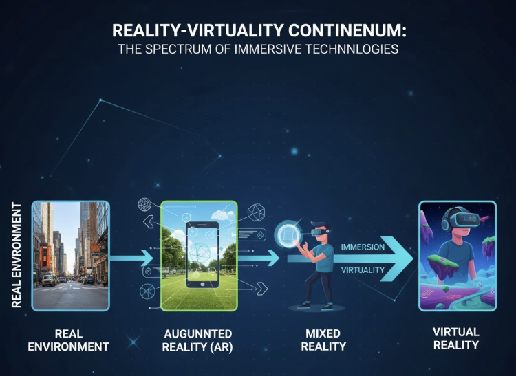 몰입형 기술의 스펙트럼을 나타내는 현실-가상 연속체(Reality-Virtuality Continuum) 다이어그램. 현실 환경(Real Environment)에서 시작하여 증강 현실(AR), 혼합 현실(MR)을 거쳐 완전한 가상 현실(VR)로 진행되는 4단계의 몰입도를 시각적으로 보여줍니다