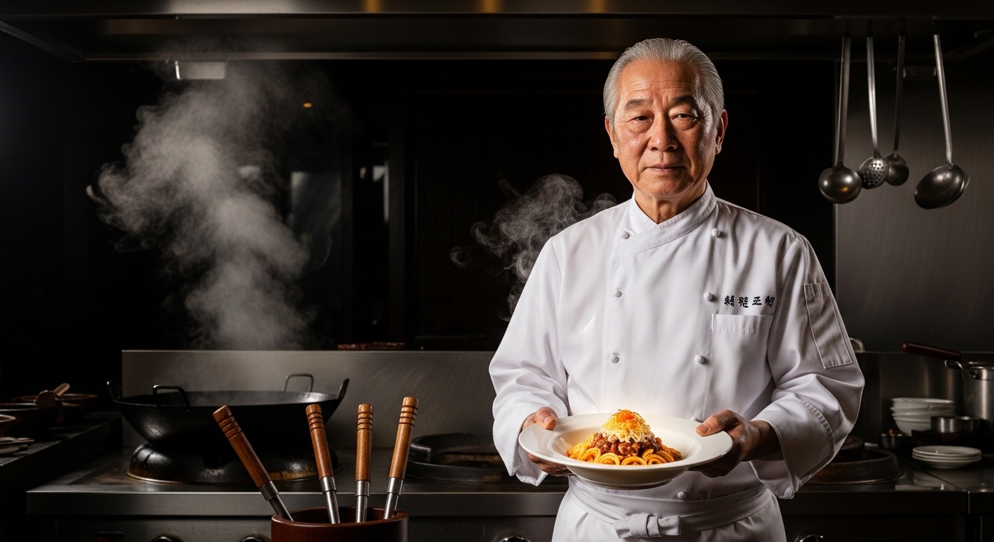 후덕죽 셰프로 보이는 중식 셰프가 불도장이 담겨 있는 접시를 들고 있는 모습