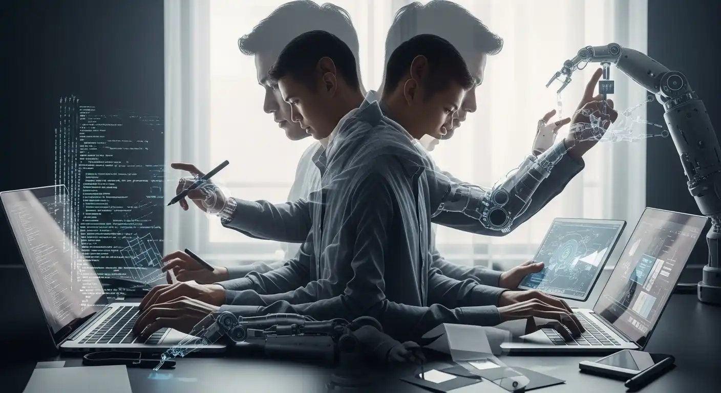 <img src="tech_multitasking_ai_workspace.webp" alt="미래형 작업 공간에서 한 인물이 다양한 기술 작업을 동시에 수행하며 인간과 AI의 융합을 시각적으로 표현한 이미지 입니다">