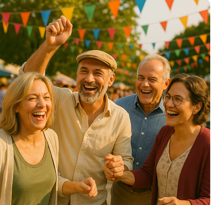 축제를 즐기고 있는 중년 남성 여성 사진