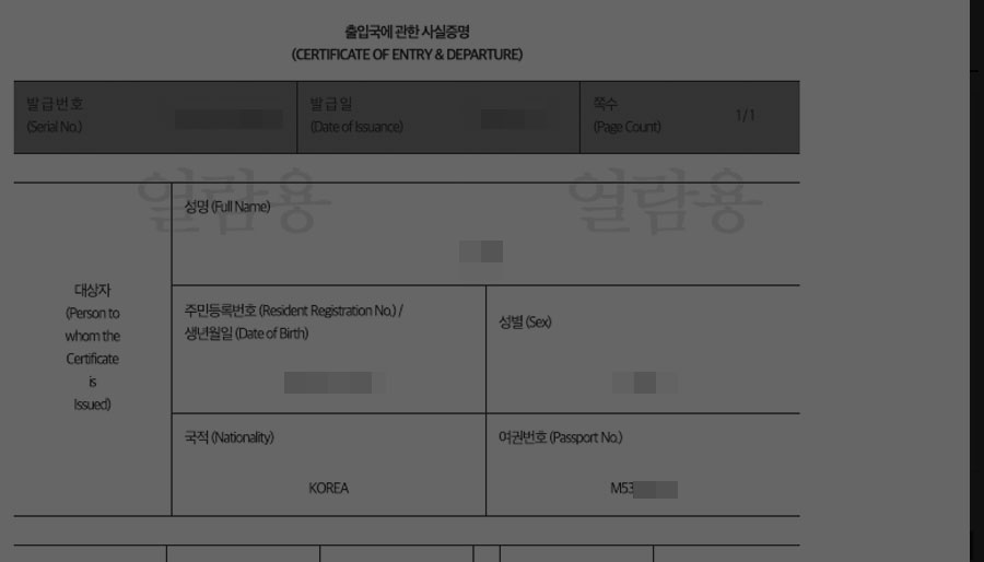 출입국 사실 증명원을 통한 여권번호 조회 결과