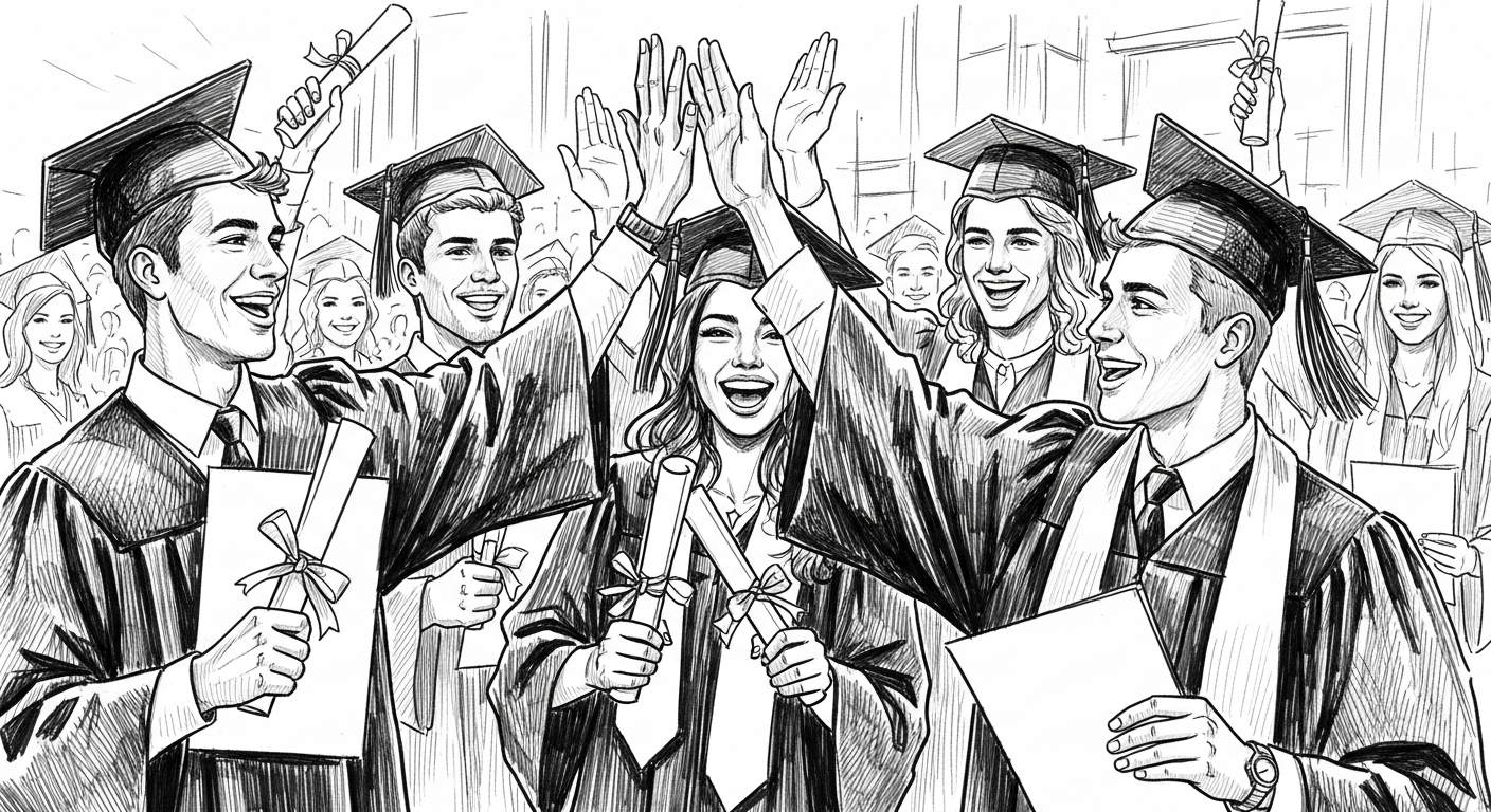 졸업을 축하하며 환하게 웃는 청년들