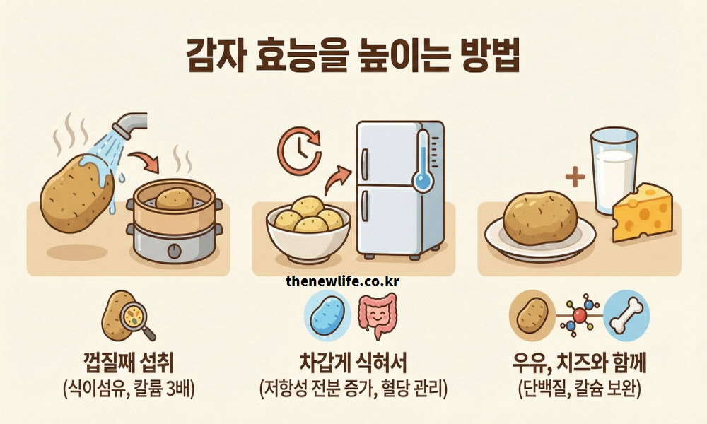 감자 효능을 극대화하는 3가지 방법: 칼륨이 풍부한 껍질째 섭취, 혈당을 낮추는 차갑게 식혀 먹기(저항성 전분 생성), 단백질을 보완하는 우유와 치즈 궁합을 설명한 인포그래픽