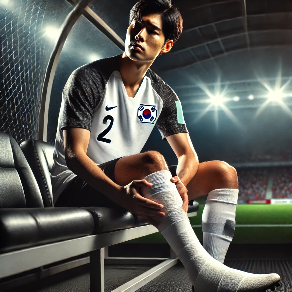 부상을 당한 축구 선수의 아쉬운 표정과 경기 불참의 분위기