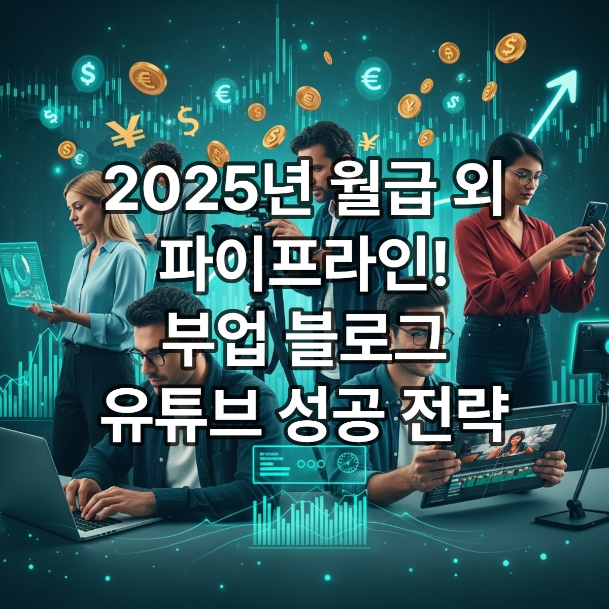 다양한 사람들이 노트북과 카메라로 블로그 및 유튜브 콘텐츠를 제작하며 경제적 자유를 꿈꾸는 모습. 부업으로 파이프라인을 구축하는 2025년의 성공 전략을 상징합니다.
