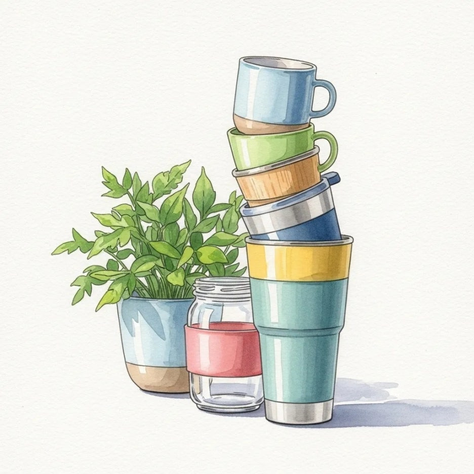 친환경적인 다양한 색상의 다회용컵 스택.