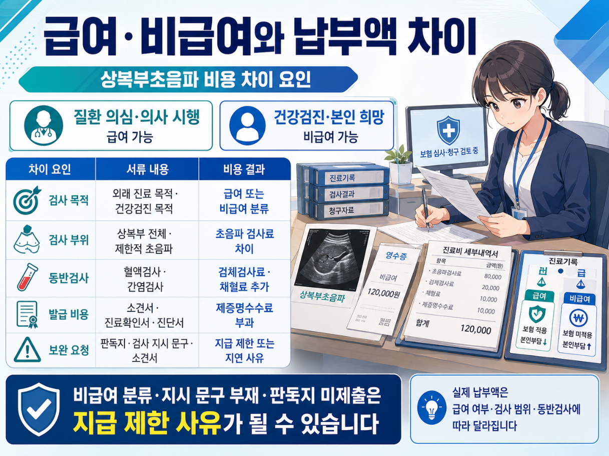 상복부초음파의 급여·비급여 분류와 실제 납부액 차이를 검사 목적, 부위, 동반검사, 보완 서류 기준으로 정리한 인포그래픽