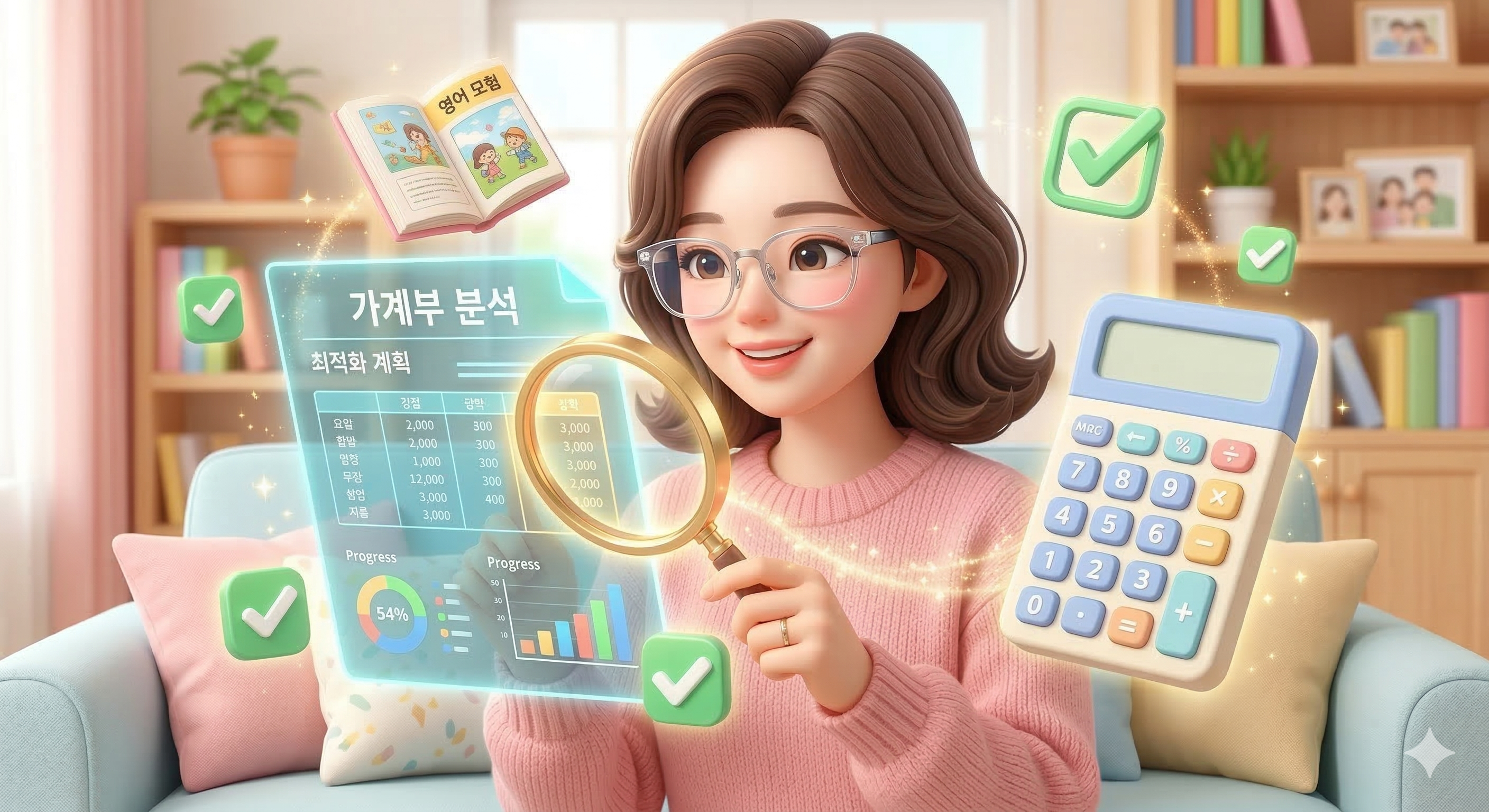 신학기 바우처 신청 전 가구원 수별 중위소득 50% 소득인정액 가이드라인을 꼼꼼하게 점검하는 스마트한 학부모의 3D 일러스트