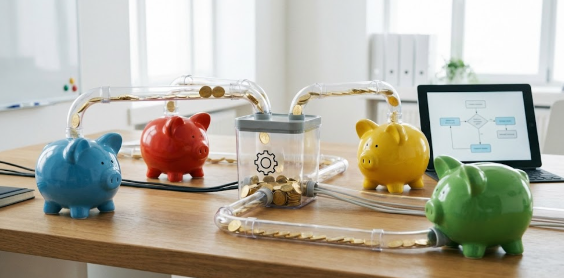 월급 관리를 위한 4개의 통장 쪼개기 시스템을 시각화한 돼지저금통과 파이프라인 이미지