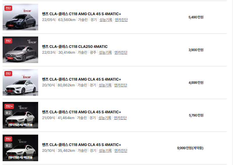 벤츠 cla 250 4matic 중고차 가격 시세표 유지비