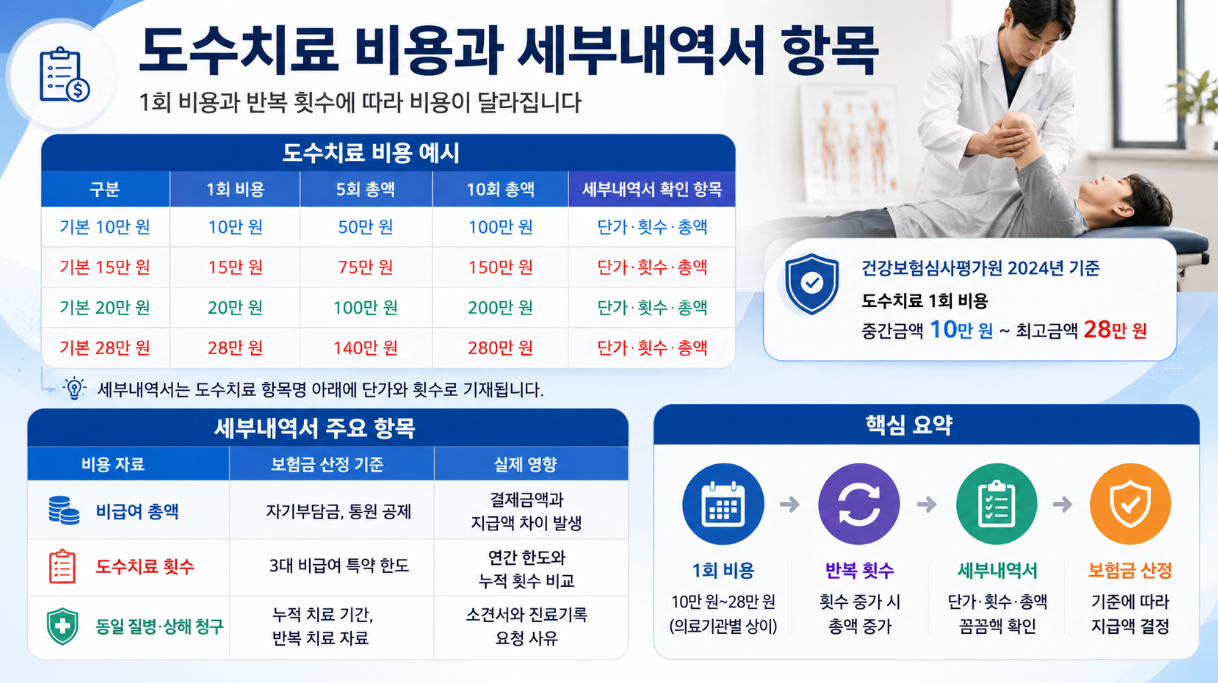 도수치료 1회 비용과 반복 횟수에 따른 총액 예시, 세부내역서 확인 항목, 보험금 산정 기준을 정리한 인포그래픽