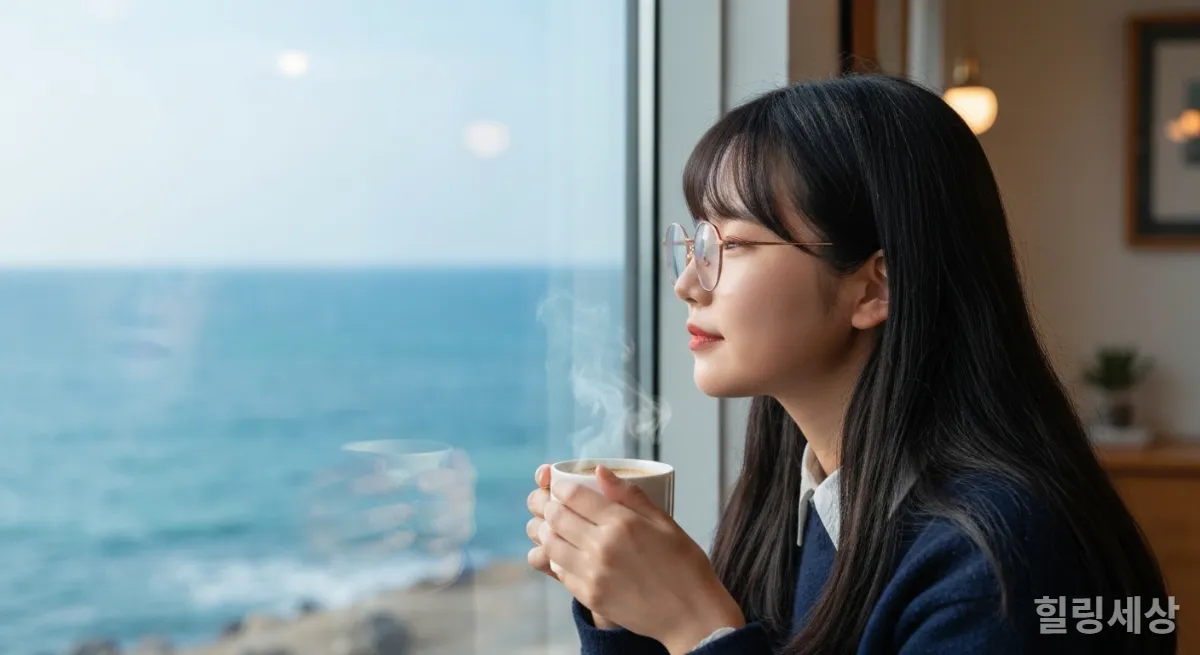 창밖 바다를 바라보며 커피를 마시는 한국인 여학생