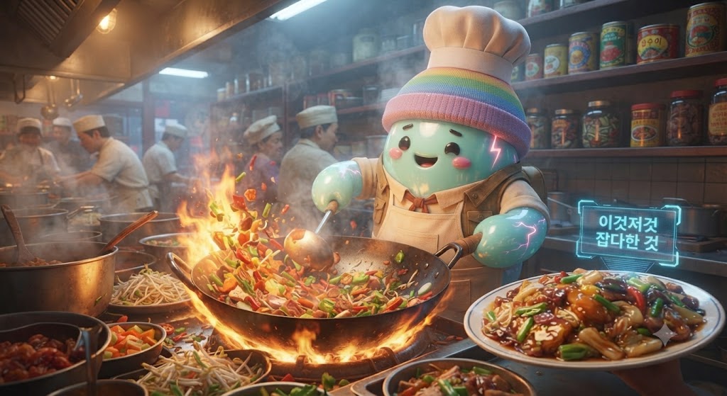 쫀쿠가 1900년대 초반 차이나타운의 허름하고 분주한 식당 주방에서 거대한 웍(Wok)을 돌리고 있습니다. 땀을 뻘뻘 흘리는 쫀쿠는 미국인 입맛에 맞게 남은 재료를 볶아 걸쭉한 소스를 끼얹는, 김이 모락모락 나는 '찹수이(Chop Suey)'를 완성하고 있습니다. 주방 선반에는 서양식 통조림 재료들이 광둥식 양념통과 섞여 있습니다.