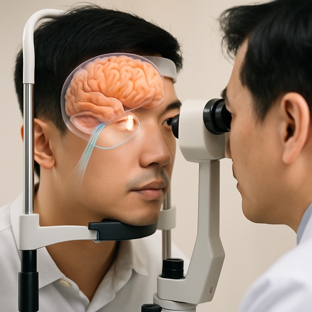 고도 근시 환자가 시신경과 뇌 연결을 시각화한 상태에서 안과 정밀 검사를 받고 있는 장면(출처: 자체제작)