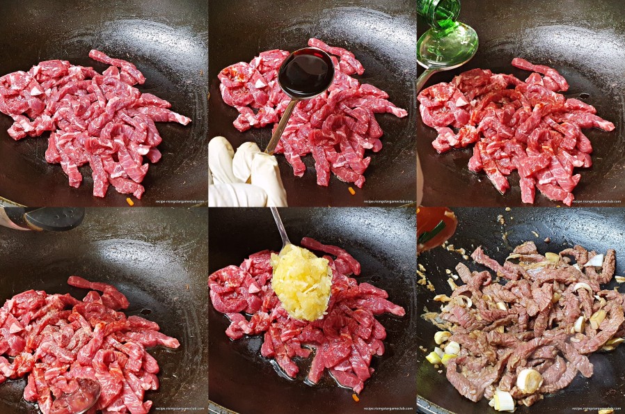 잡채에 들어갈 소고기(살치살)에 간장, 청주, 다진마늘, 후추를 넣고 볶음을 하는 사진