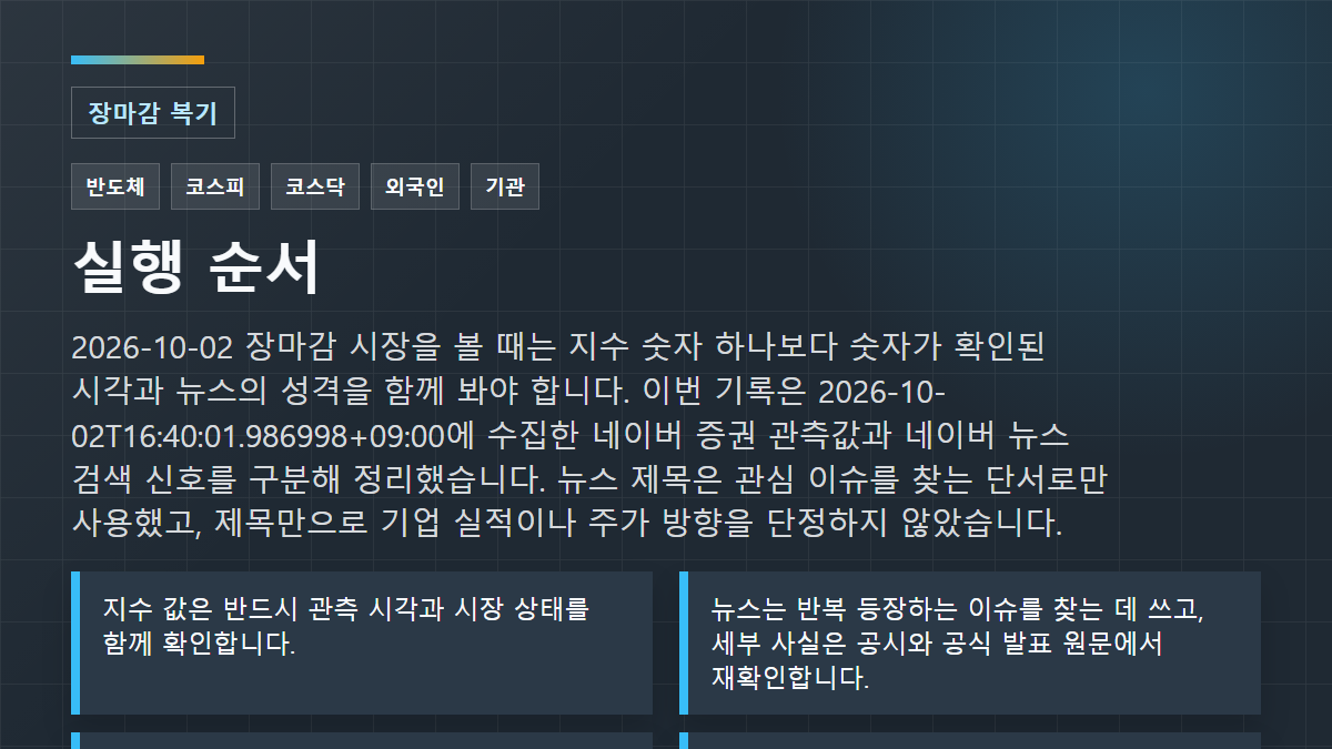 2026-10-02 장마감 시장을 볼 때는 지수 숫자 하나보다 숫자가 확인된 시각과 뉴스의 성격을 함께 봐야 합니다. 이번 기록은 2026-10-02T16:40:01.986998+09:00에 수집한 네이버 증권 관측값과 네이버 뉴스 검색 신호를 구분해 정리했습니다. 뉴스 제목은 관심 이슈를 찾는 단서로만 사용했고, 제목만으로 기업 실적이나 주가 방향을 단정하지 않았습니다. 실행 순서: 지수 값은 반드시 관측 시각과 시장 상태를 함께 확인합니다.; 뉴스는 반복 등장하는 이슈를 찾는 데 쓰고, 세부 사실은 공시와 공식 발표 원문에서 재확인합니다.; 한두 종목의 급등을 시장 전체 강세로 해석하지 않고 거래대금과 업종 확산 여부를 봅니다.