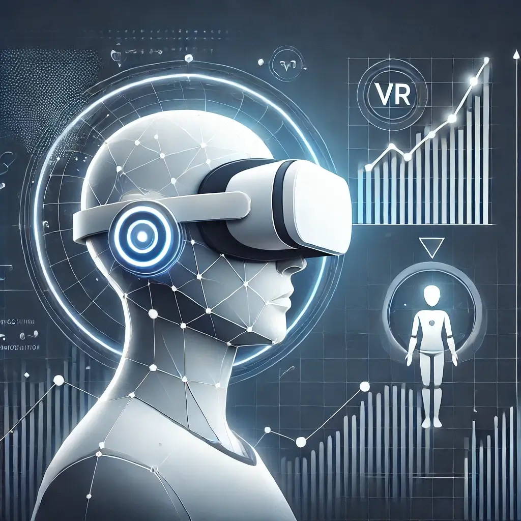 메타버스 요소를 보여주는 VR 헤드셋, 디지털 아바타, 주식 그래프가 포함된 간결한 일러스트.