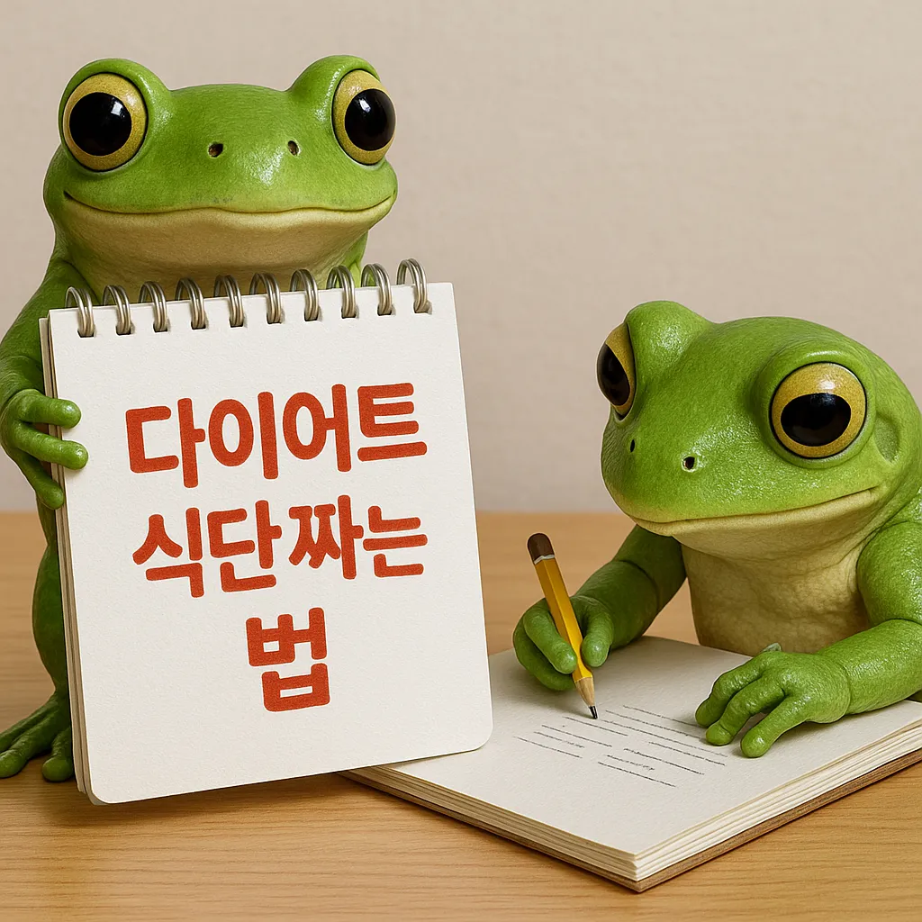 청개구리가 '다이어트 식단 짜는 법'이라고 적힌 텍스트를 보여주는 모습.