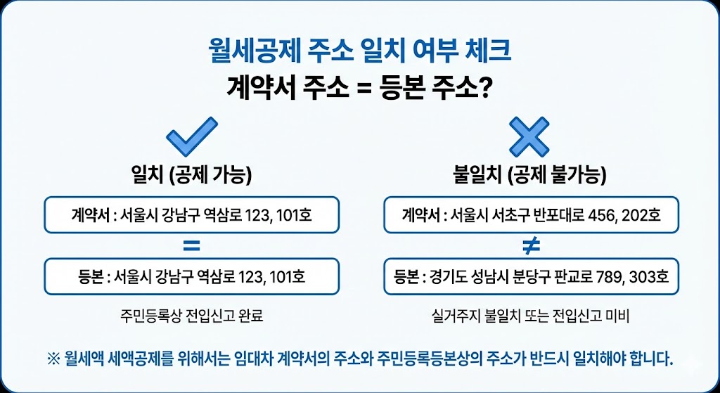 월세공제 주소지 다르면? 전입신고/계약서 주소 케이스별 정리(연말정산 월세액 세액공제)