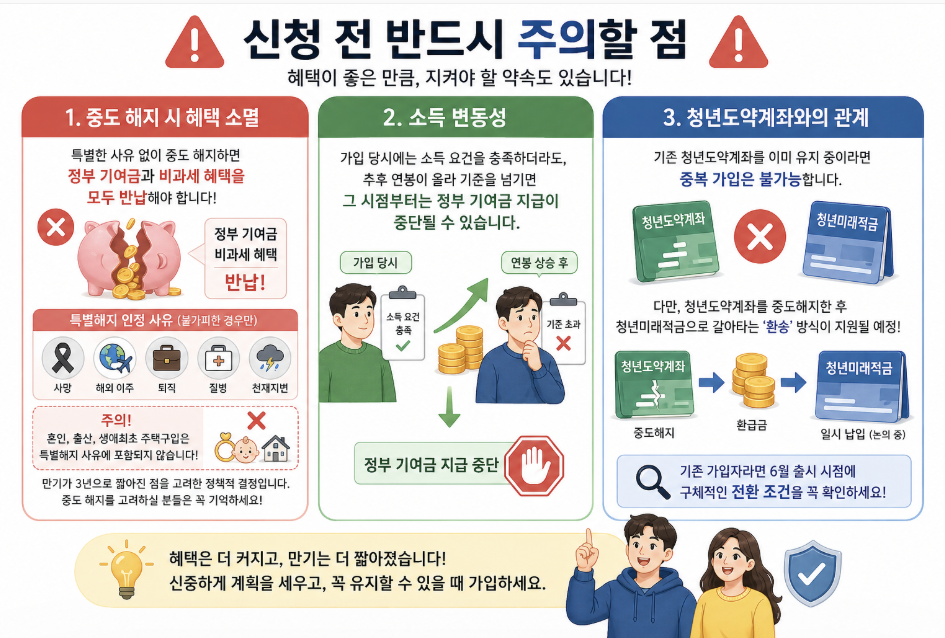 청년미래적금 신청 전 주의사항 가이드: 1. 중도 해지 시 정부 기여금 및 비과세 혜택 소멸(사망, 해외 이주, 퇴직 등 특별해지 사유 외 반납), 2. 소득 변동 시 정부 기여금 지급 중단 가능성 안내, 3. 청년도약계좌 중복 가입 불가 및 중도해지 후 환승 방식 안내. 혜택 및 유지 조건 주의사항 요약