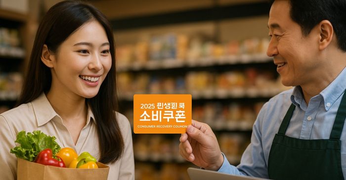 "2025 민생회복 소비쿠폰을 보여주는 마트 계산대 장면. 여성이 신선 식품을 담은 종이백을 들고 소비쿠폰으로 결제하는 모습."